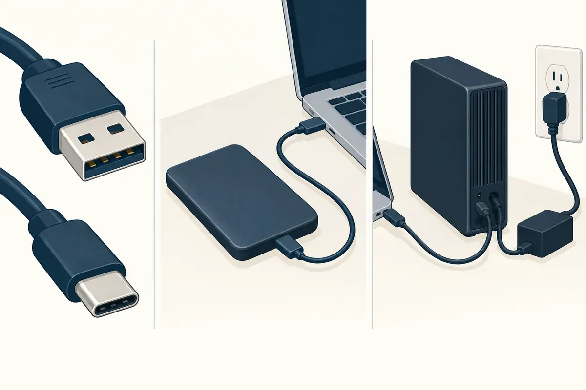 USB端子と、携帯用・据置用ドライブの接続を示す一般図。