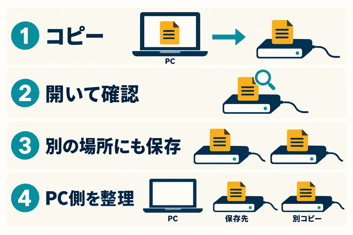 コピー、開いて確認、別の場所にも保存、PC側を整理の順序。最後も保存先と別コピーの2か所にファイルを残す。
