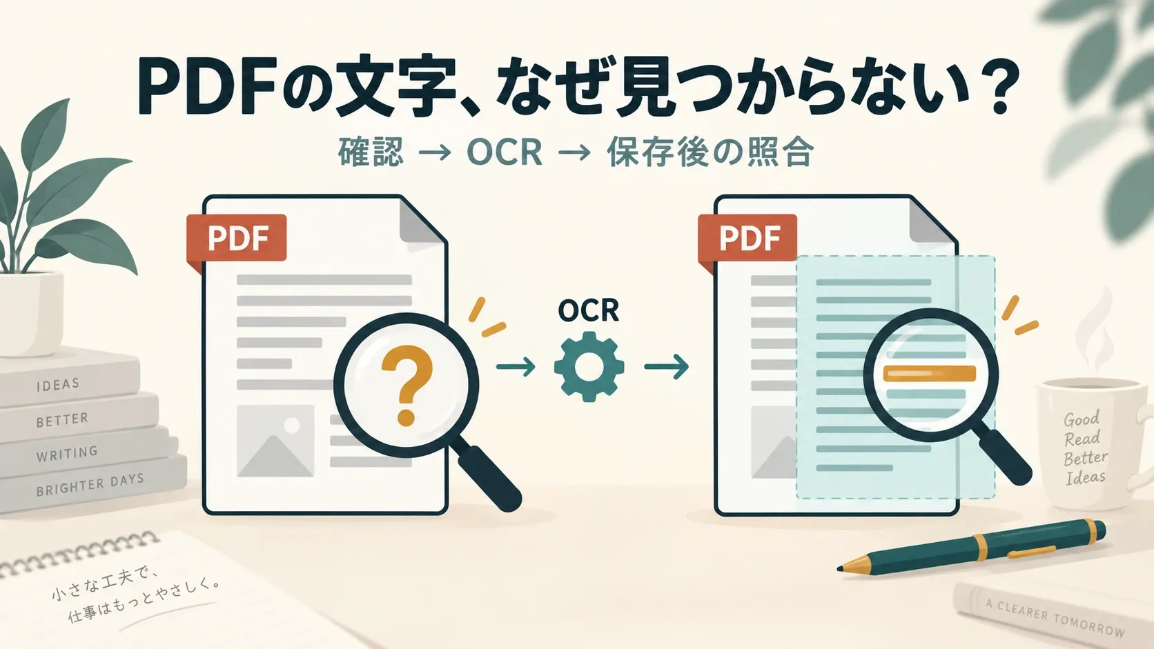 同じ見た目のPDFと検索用の文字層、虫眼鏡を描いたOCRの概念イメージ。実製品の画面ではありません