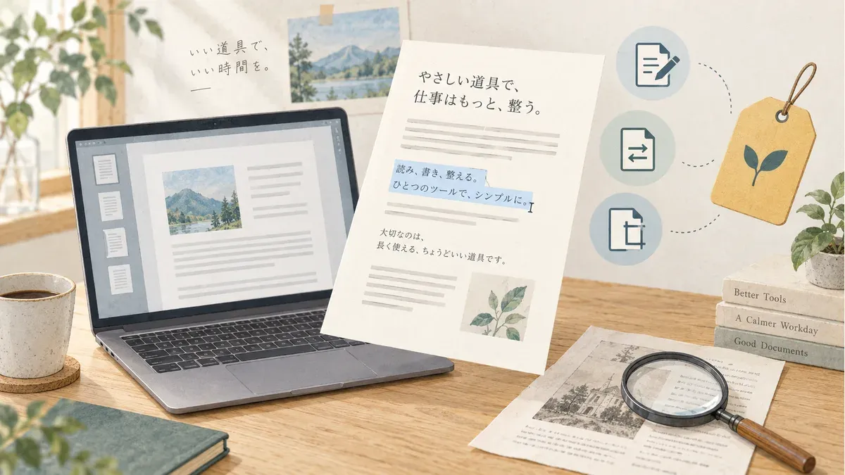 ノートPCと書類、文字の選択範囲、虫眼鏡を描いたPDF編集のイメージ。実製品の画面ではありません